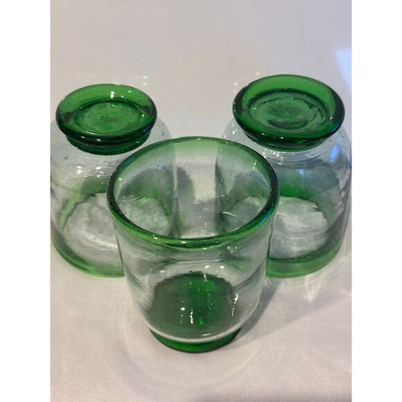 Hand Blown Mexican Glass Green Rim & Base Irregular Drinking Glasses set of 3 - Picture 3 of 9
